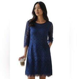 Charlotte Russa Navy Blue Midi Dress Lace w/Tassels L/S Scalloped Paisley Med